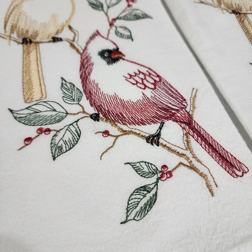Cardinal Bird Embroidered Cotton Tea Towels Set of 2 White